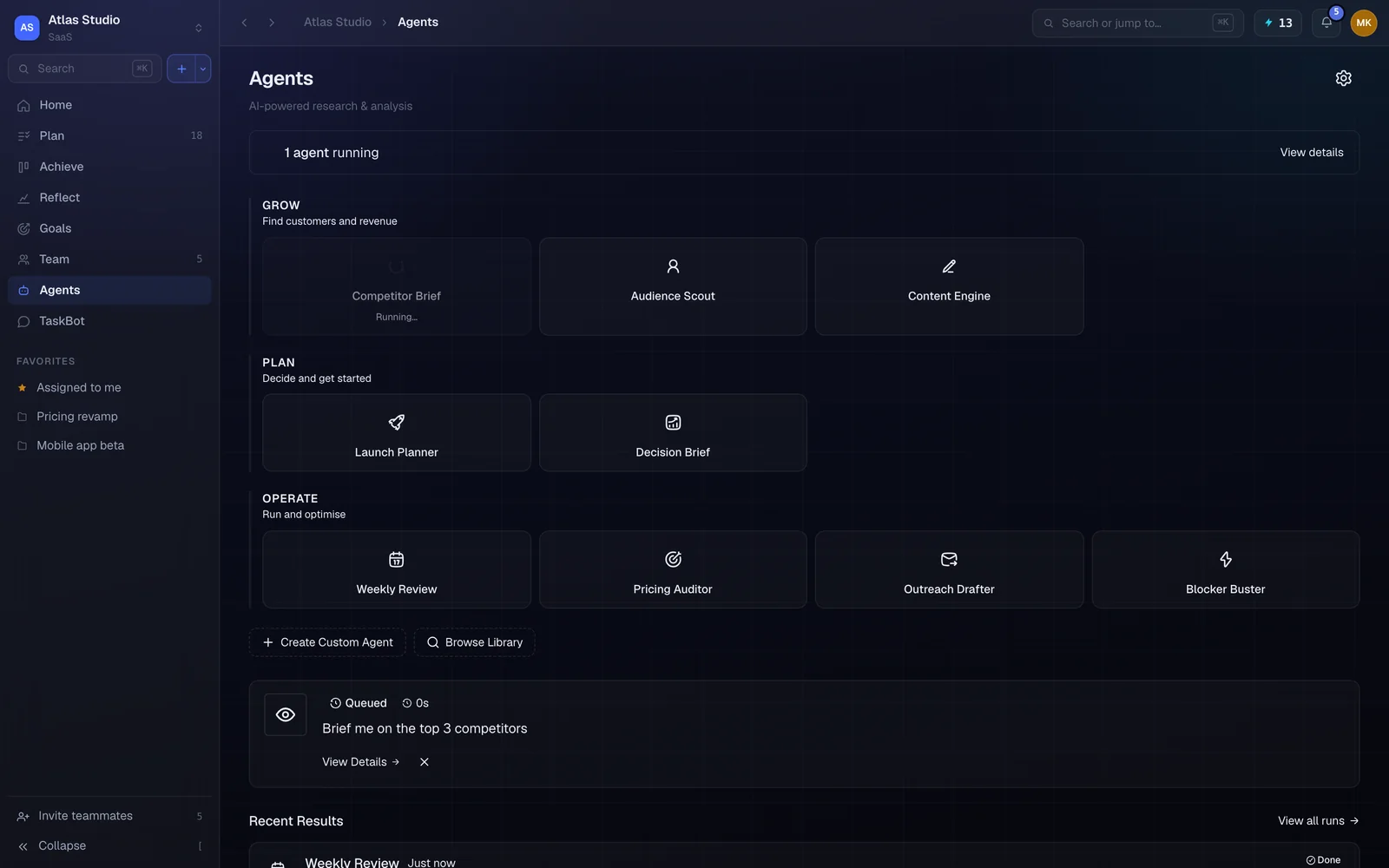 TaskBolt Agents: specialist AI agents for growth, planning and operations, with a competitor brief running