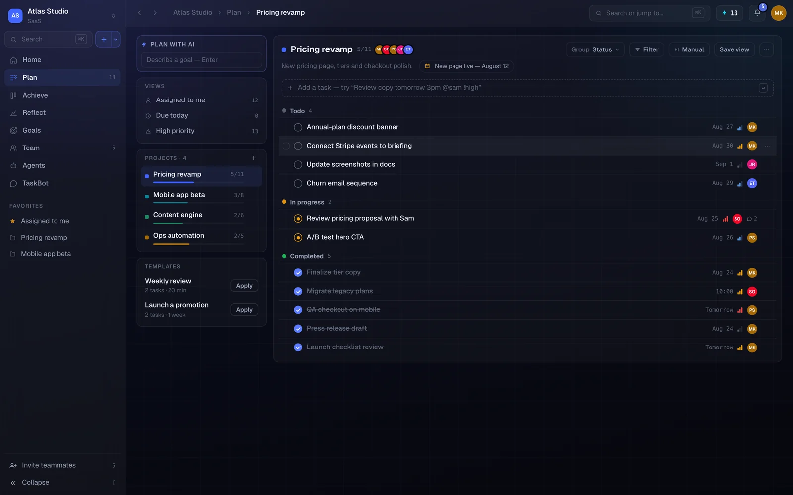 TaskBolt Plan view: an AI-planned project with status-grouped tasks, priorities, assignees and due dates