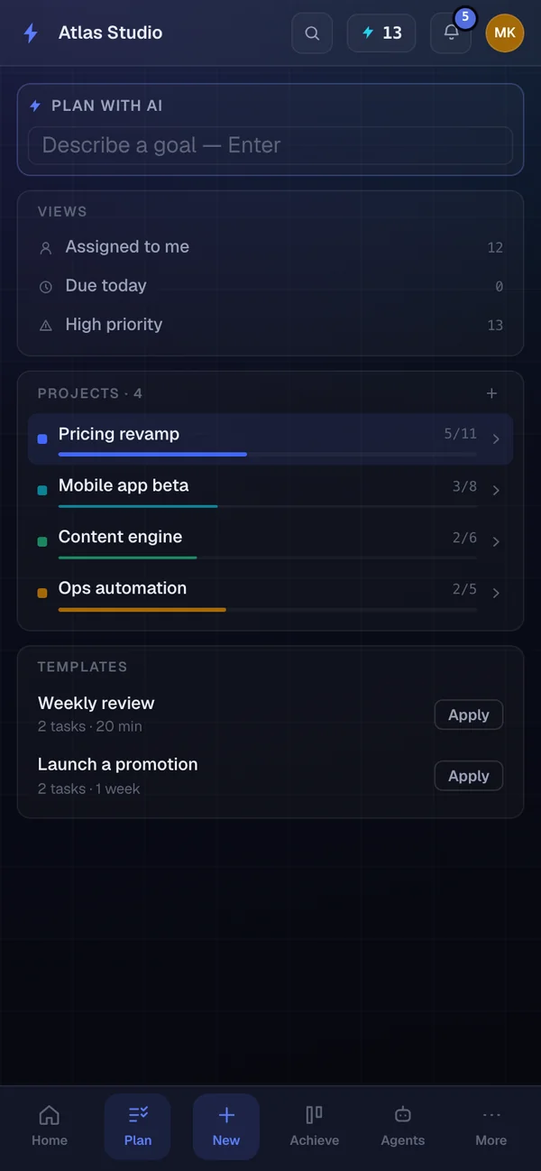 TaskBolt Plan on a phone: plan-with-AI box, saved views and projects with progress bars